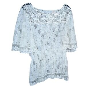 White Floral Lace Butterfly Sleeve Blouse Crochet Neckline Boho Fairy Sz S